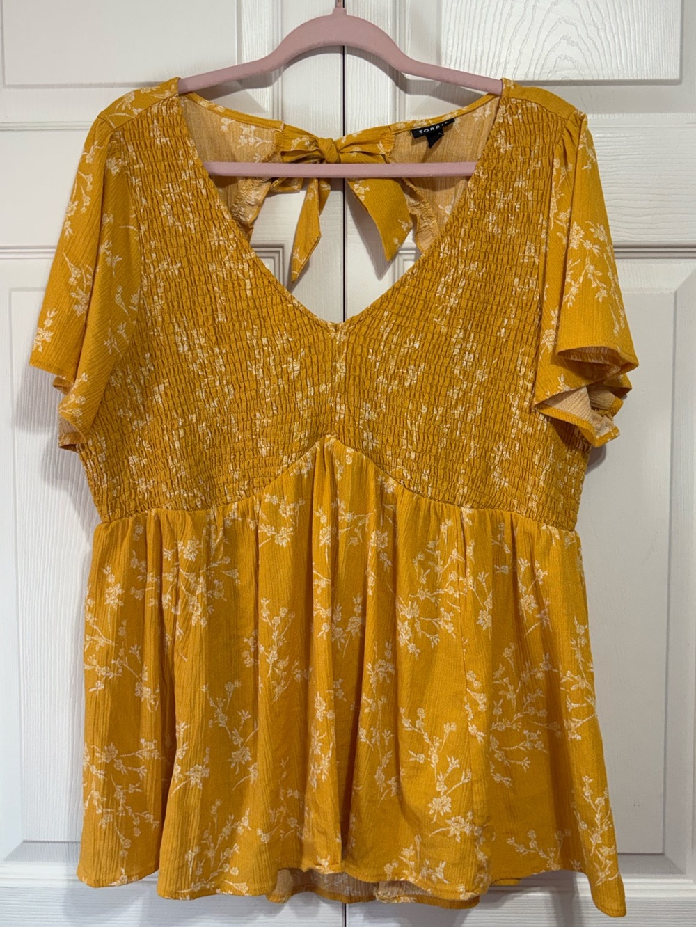torrid Mustard Floral Smocked Peplum Top with Back Tie